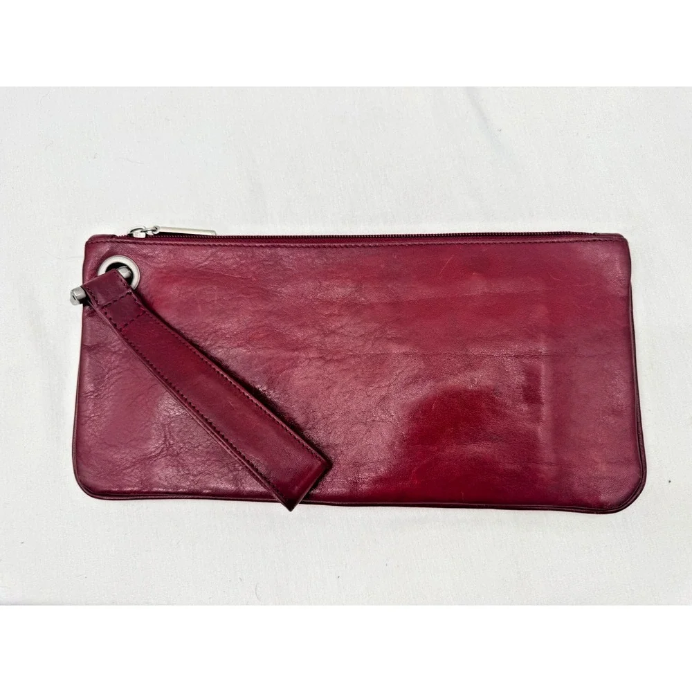 Hobo Vida Red Crimson Scarlet Leather Wristlet Bag Purse Boho Zip Pockets 5x11